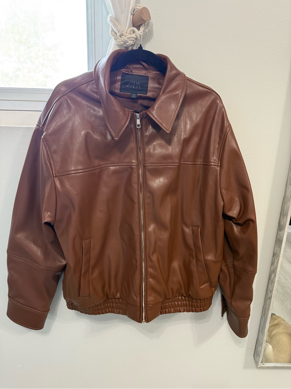 ZARA oversized Brown Leather Zip-Front Jacket